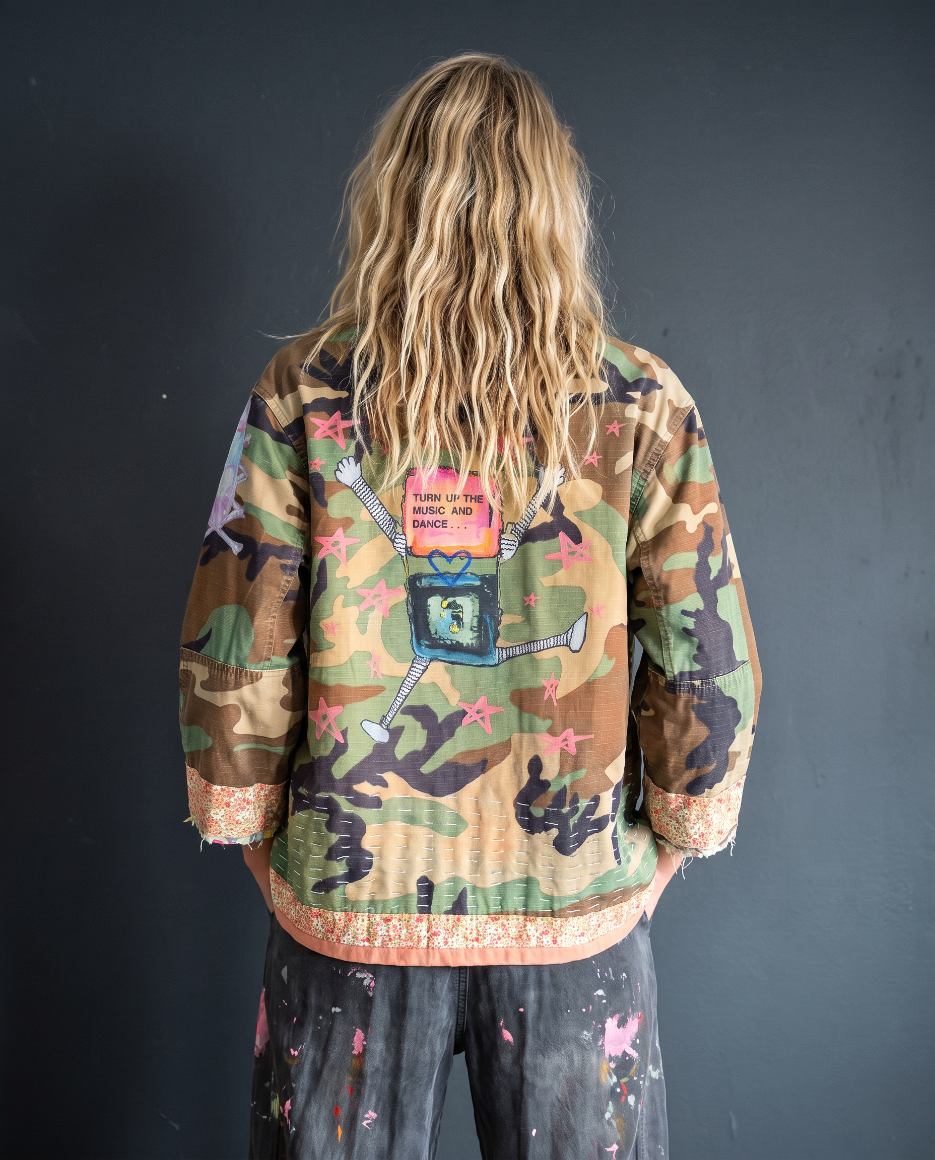 Music Head jacket worn by a model, back view, showing the full graphic and 3/4 sleeve fit.