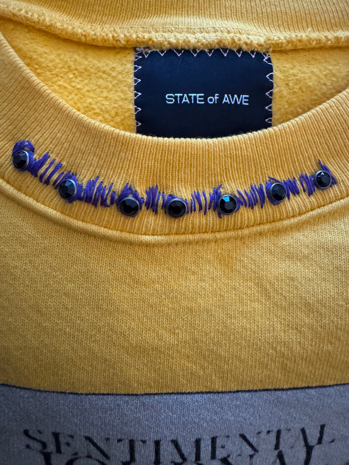 Close-up detail of the Sentimental Journey sweatshirt graphic, showing the rhinestone-embellished teeth illustration.