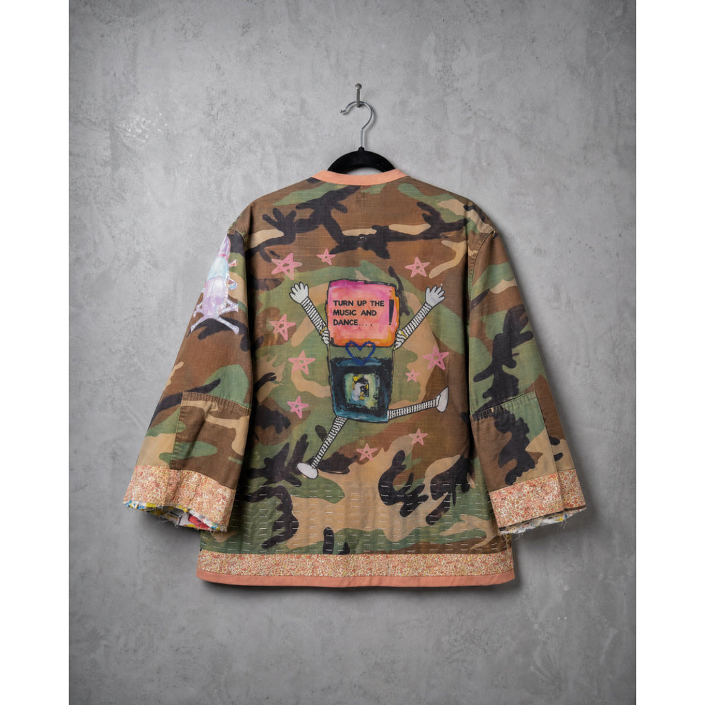 Music Head jacket, back view, laid flat, showing graphic sourced from the original painting.